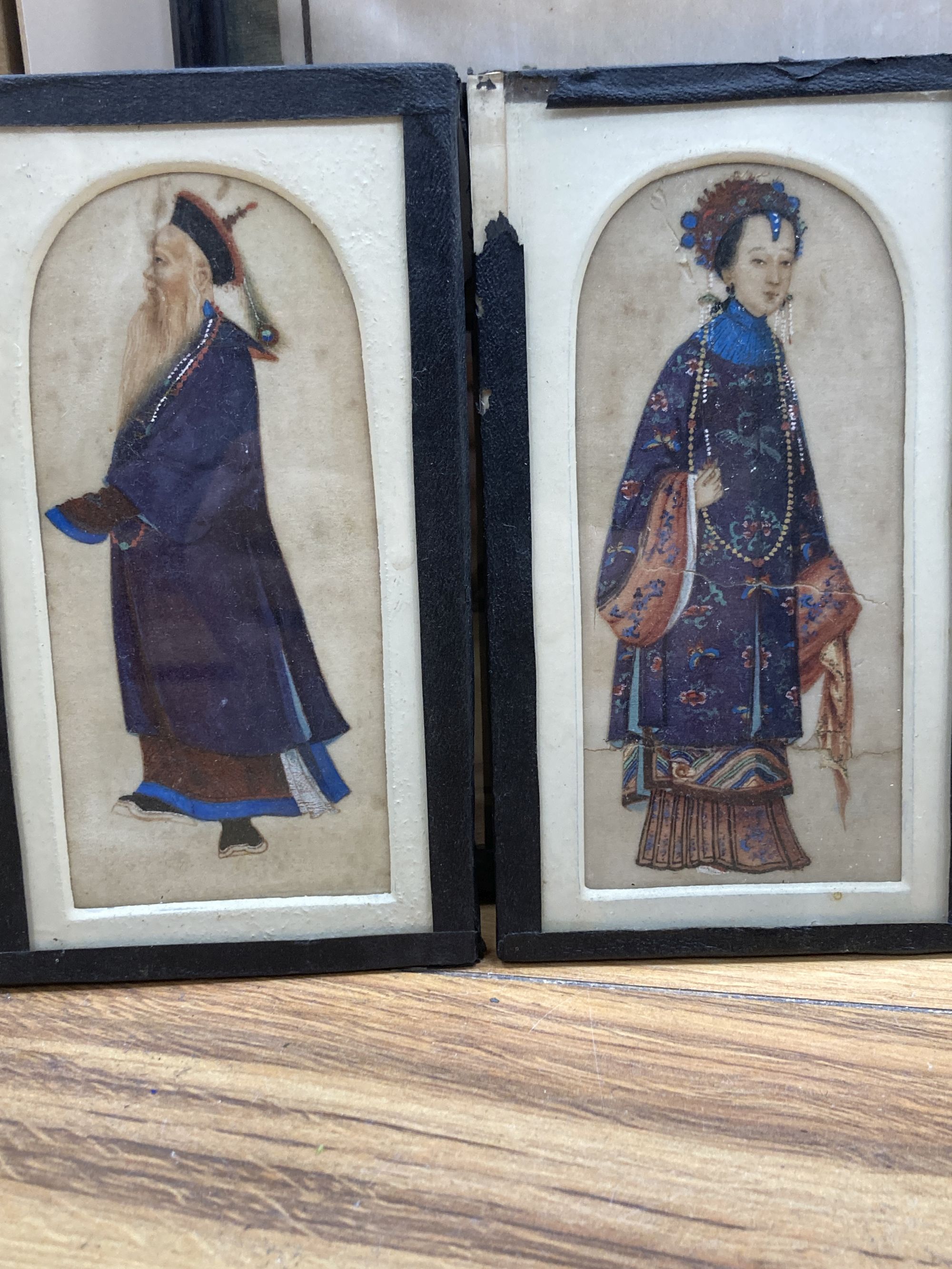 19th century Chinese School, pair of gouache on pith paper, Musicians and women arranging flowers, 19 x 31cm, a smaller pair of studies